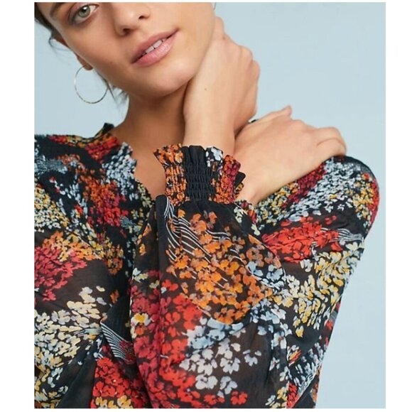 Anthropologie Floral Blouse Womens XS V-Neck Smocked Long Sleeve Relaxed Tunic - Picture 13 of 15